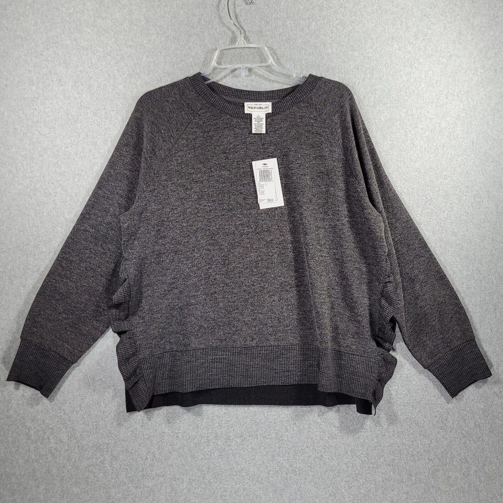 For the Republic Womens Pullover Sweater Side Slits Ruffles Long Sleeve Grey L